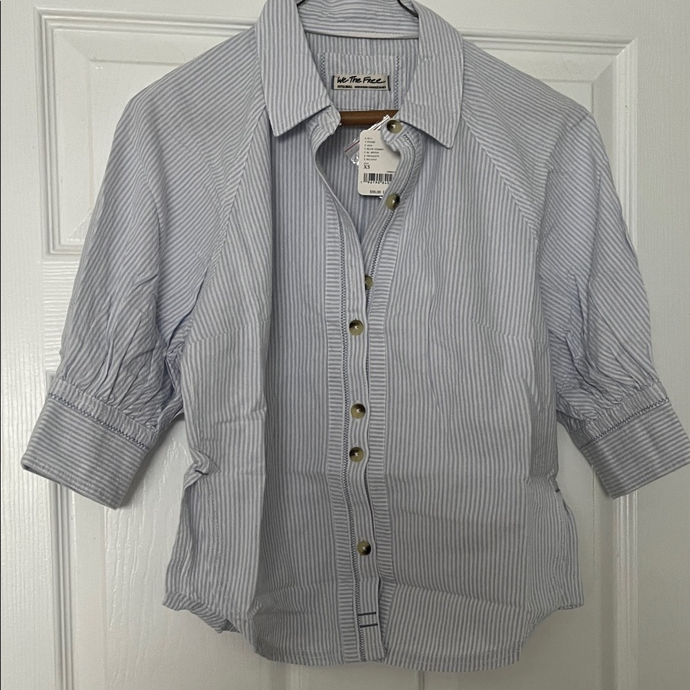 Free People Blue Striped Button Down Shirt